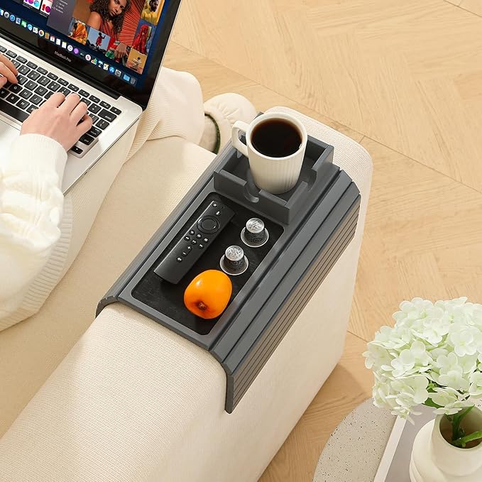 Bamboo Couch Cup Holder Arm Tray Table with Anti-Slip Cork Pad，Couch Drink Holder，Sofa Cup Holder Armrest Tray，Foldable Arm Chair Table Recliners for Drink, Cups, Eats，Snacks, Phone, Remote (Gray)