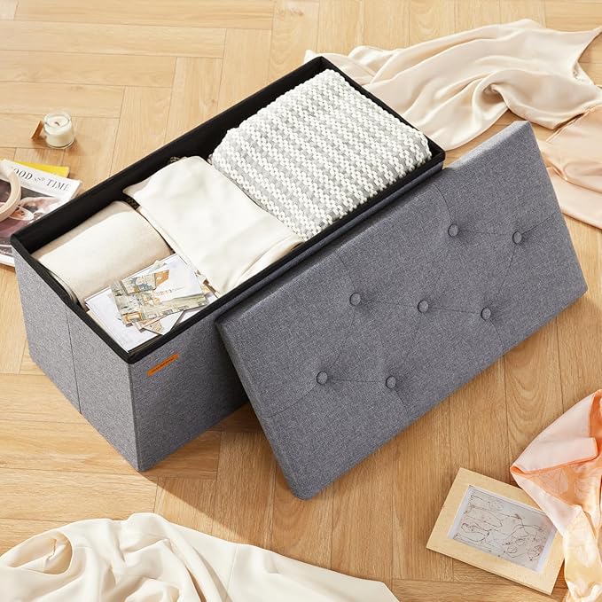 HAUSFRAU - Storage Ottoman Bench, 30 Inches Button Tufted Upholstered Ottoman Footstool with Storage for Living Room Bedroom Entryway, Load 660 lb, Linen Dark Gray