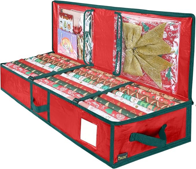 BALEINE Soft Christmas Wrapping Paper Storage Bag, 40" Durable PE Gift Wrap Storage Bag with Flexible Partitions and Pockets for Ribbon, Accessories (Red)