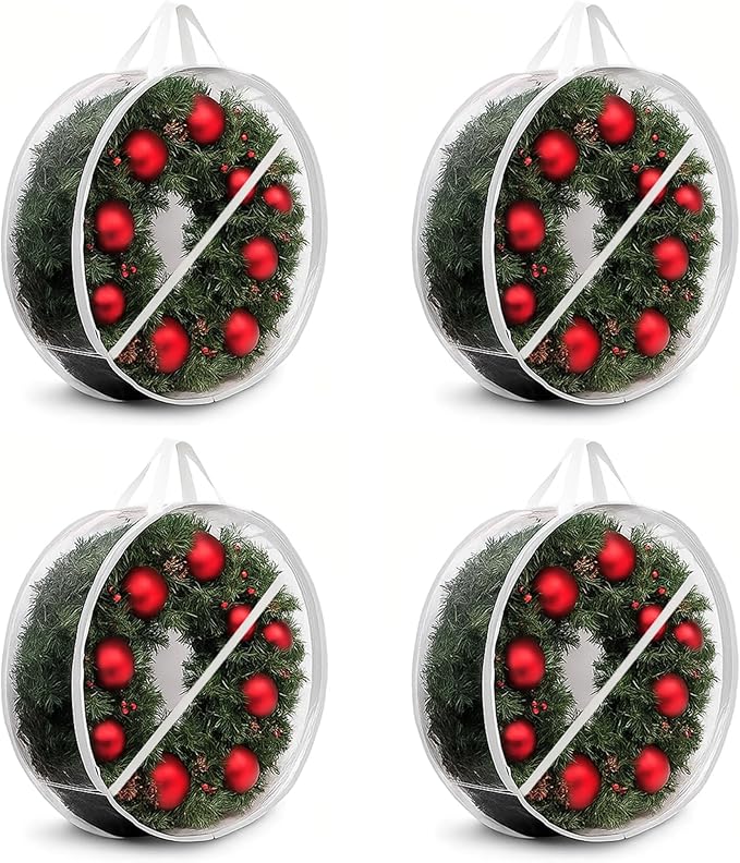 ProPik Christmas Wreath Storage Bag - 4 Pack Clear Christmas Wreaths Container- Garland Holiday Artificial Wreath Storage Holder –Water Proof Transparent PVC (White, 30 Inch)