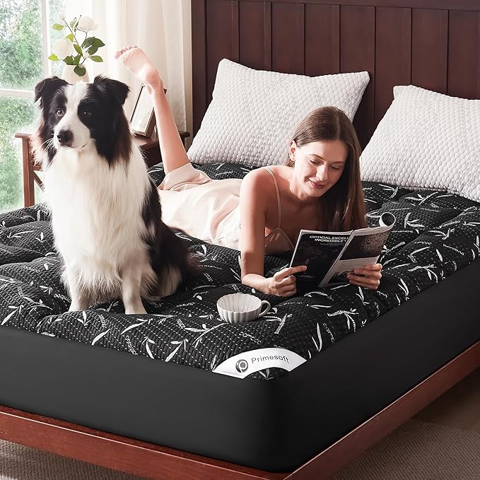 PRIMESOFT 100% Waterproof Full Size Mattress Topper, Thick Pillow Top Mattress Pad，Up to 23 Inch Deep Pocket,Soft Breathable Mattress Pad for Back Pain, Protector Cover(Black)