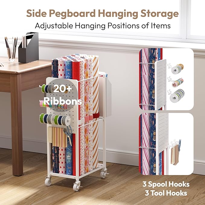 Gift Wrapping Station with 12PCS Slap Bands, Rolling Wrapping Paper Cart Station Organizer Gift Wrap Storage, Ribbon Holder Rack, Craft Organizers and Storage Christmas