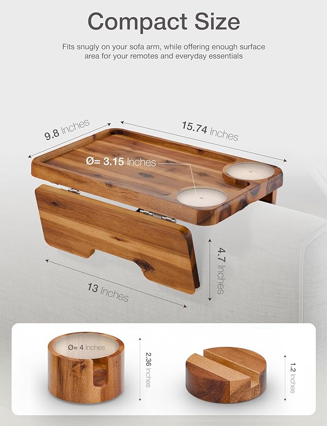 HOLANA Acacia Wood Couch Arm Tray, 15.74”x9.8” Arm Table for Couch - Couch Cup Holder Tray with Rotated Phone Holder, Cup Holder - Clip on Sofa Armchair Caddy with Non-Slip Pad (Acacia)