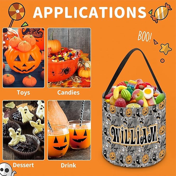 Personalized Halloween Trick or Treat Candy Bag with Name Custom Text Party Tote Bucket Halloween Candy Basket Gift (Bag-3)