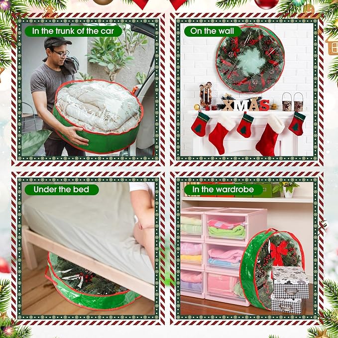 Aliceset 4 Pack Wreath Storage Containers, Ornament Garland Wreath Storage Bags with Handle Zipper Decorative Storages Box for Winter Valentine Wreaths(24 x 24 x 7.8 Inch,Light Green)