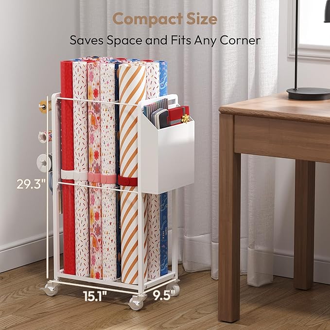 Gift Wrapping Station with 12PCS Slap Bands, Rolling Wrapping Paper Cart Station Organizer Gift Wrap Storage, Ribbon Holder Rack, Craft Organizers and Storage Christmas