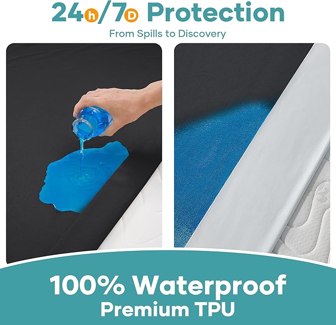 OhGeni 100% Waterproof Mattress Protector, Queen Black Size, Fitted Sheet with Deep Pockets, 6''-18'', Premium Noiseless Breathable Soft Material, Mattresses Cover for Bed