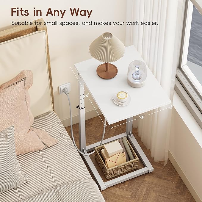 Vagusicc C Shaped End Table with Charging Station, C Table End Table Adjustable Height Sofa Table, Side Table for Couch, Couch Table That Slide Under, TV Tray Arm Table for Living Room,Bedroom, White