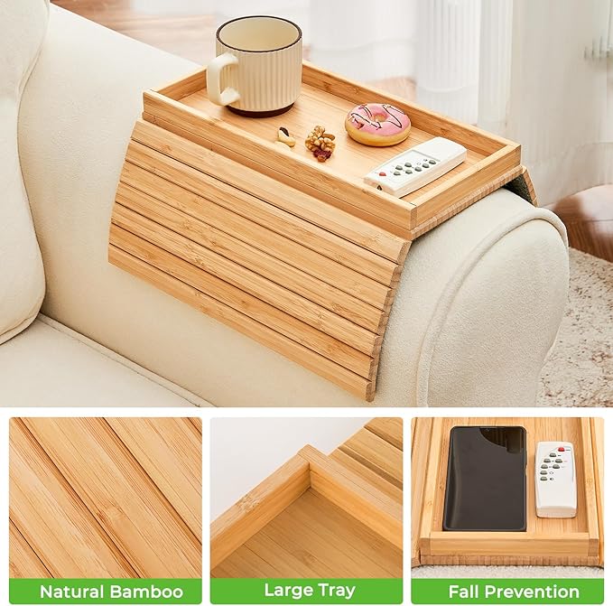 LOVYANXUE Bamboo Sofa Arm Tray, Anti Falling Couch Arm Tray Table, Foldable Couch Armrest Table, Portable Sofa Armrest Trays Cup Holder for Drink, Cups, Phone, Snacks, Remote