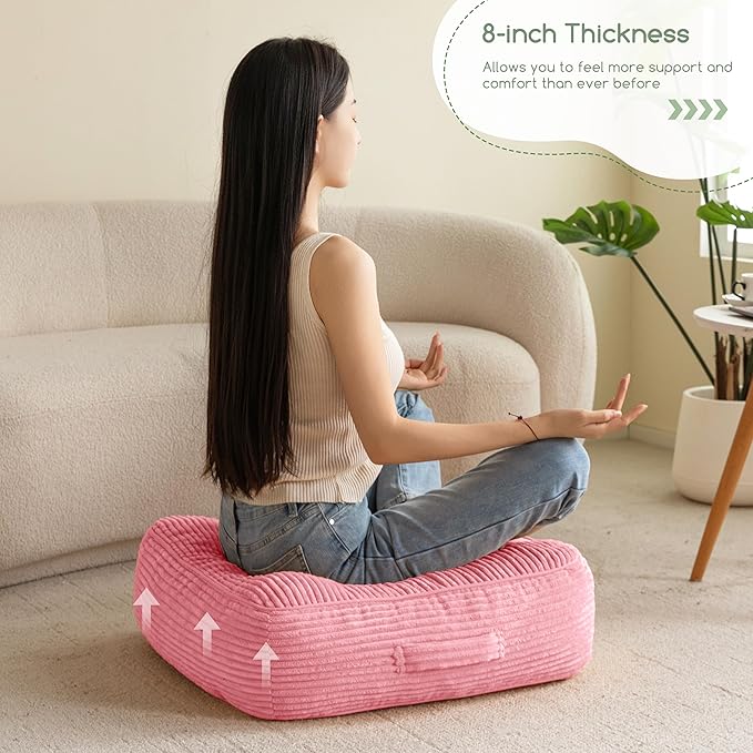 HIGOGOGO 8" Extra Thick Floor Pillow Cushion for Adults, Meditation Cushion Pillow, Large Square Floor Sitting, Tufted Corduroy Cover, for Tatami Living Room or Yoga, 22x22 Inch, 2Pack, Pink