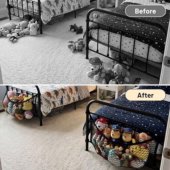 Stuffed Animal Storage Net for Kids, 2 Pack Bedside Toy Organizer Net - Neatly Store Your Stuffed Animals, Elastic Bedside Stuffed Animal Storage Net with Tether, Stretches up to 32 Inches