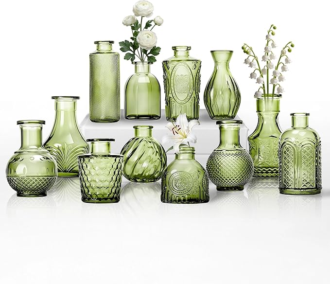 Mini Bud Vases Centerpieces for Tables,Clear Bud Vases for Flowers,Small Flower Vases Suitable for Birthday Party,Anniversary,Wedding Reception,Baby Shower (Green, 12PCS)