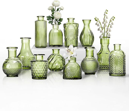 Mini Bud Vases Centerpieces for Tables,Clear Bud Vases for Flowers,Small Flower Vases Suitable for Birthday Party,Anniversary,Wedding Reception,Baby Shower (Green, 12PCS)