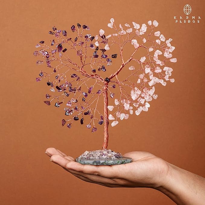 Handmade Healing Crystal Tree of Life Amethyst & Rose Quartz Chakra Tree for Money, Good Luck, Feng Shui Home Decor, Living Room Office Deocration, Unique Birthday Gifts for Women, Men, Mom