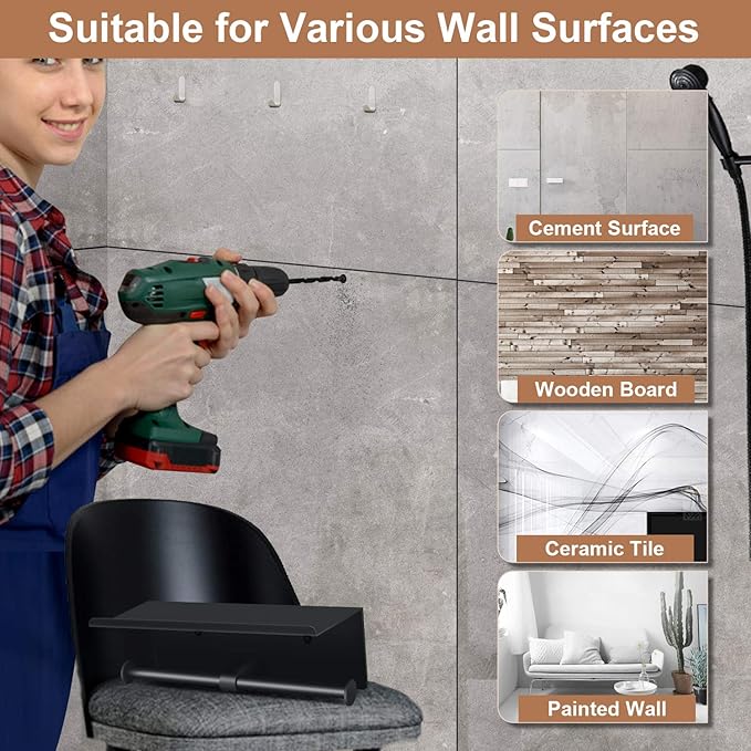 Toilet Paper Holder with Shelf Wall Mounted Toilet Paper Storage, Double Roll Tissue Holder Dispenser Bathroom Toilet Paper Holder (Matte Black)