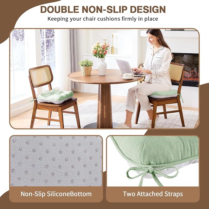 BETU Chair Cushions for Dining Chairs Set of 6,3.5" Thick Kitchen Table Chair Pads with Ties,Non Slip Backing and Covers, Home Decor Seat Cushion for Dining Room,Bar,Patio Chairs16"X16"X3.5"Sage Green