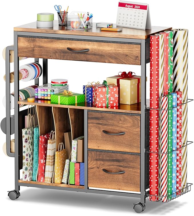 PUNLUXU Wrapping Paper Storage Cart, Rolling Gift Wrap Station with Ribbon and Gift Bag Storage, Wrapping Paper Organizer Holder, Craft Organizers and Storage for Christmas, Craft Storage Cart 004