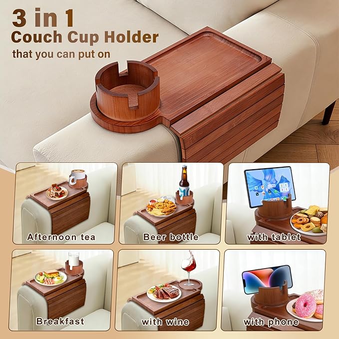 Couch Cup Holder Tray, 3-in-1 Bamboo Couch Armrest Table with 360° Rotating Magnetic and Detachable Phone Holder Stand, Foldable Anti-Slip Sofa Arm Tray for Remote, Phone, Snacks and Drinks