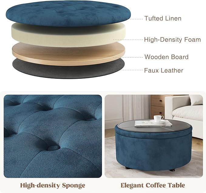 30 Inch Round Storage Ottoman,Modern Blue Tufted Ottomans,Circular Coffee Table with Removable Top,Upholstered Large Ottoman with Storage Footrest Stool for Bedroom Living Room (Blue)