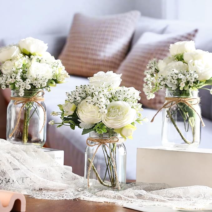 Zeyune 12 Sets Mason Jar Centerpiece Table Decorations, Artificial Peony Baby's Breath Flower Bouquets, Faux Flowers with Vase, Rustic Decor Gifts for Home, Wedding, Holiday (White)