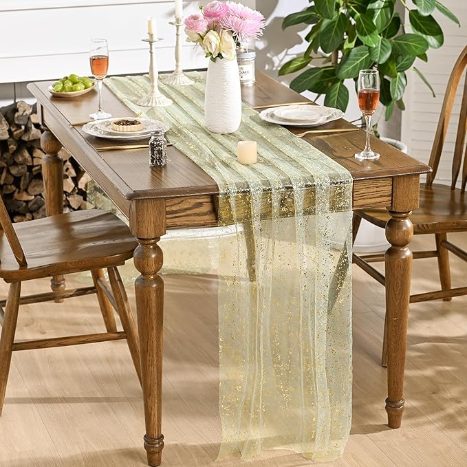 Artoid Mode 6PCS Sage Green Gold Gauze Table Runner 120 Inch 10FT, Glitter Metallic Foil Sheer Dining Wedding Anniversary Holiday Birthday Table Decor for Home Party