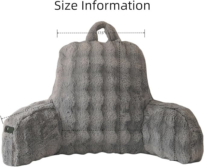 Yaoshuho Faux Fur Reading Pillow for Sitting in Bed, Large Backrest Bed Pillow with Arms, Back Support Pillow for Lounging Bedrest, Gray