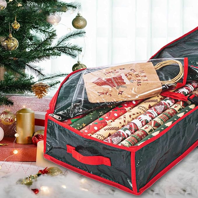 Wrapping Paper Organizer Storage Container,Christmas Storage Organizer,Xmas Gift Wrap Organizer With Pockets,Under Bed Storage Bag,Supplies Pockets for Xmas Accessories (Red)