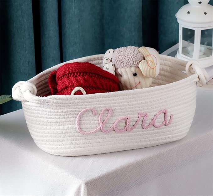 FKOG Personalized Baby Shower Basket Gift, Custom Name Cotton Rope Storage, Baby Nursery Organizer, Baby Show Gift Basket, Newborn Baby Baptism Gift (White round basket)