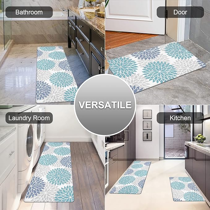 HEBE Anti Fatigue Kitchen Rugs Sets of 2, Non Slip Kitchen Mats for Floor, Waterproof Cushioned Comfort Standing Carpet for Kitchen Sink, Home Office, Laundry Room, Teal