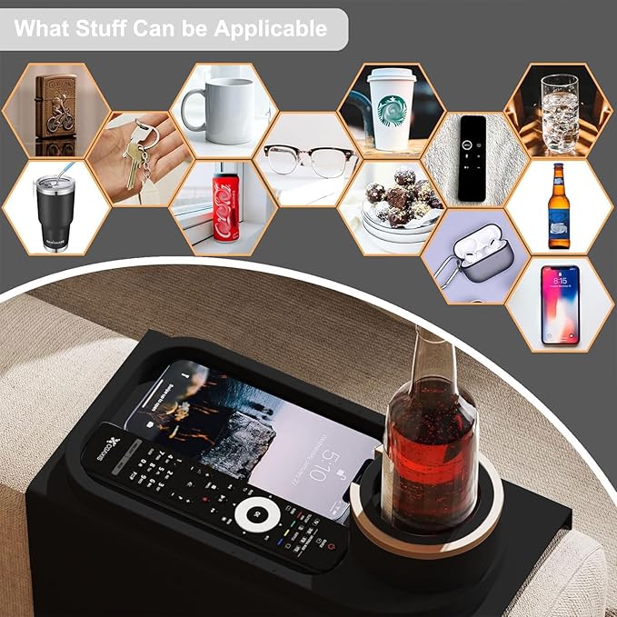 Couch Cup Holder Tray for 8 inch Sofa Arm,Silicone Couch Drink Holder-Flexible Couch Caddy for Phone, Snacks, and Remotes - Anti-Spill & Anti-Slip Couch Arm Table - Black