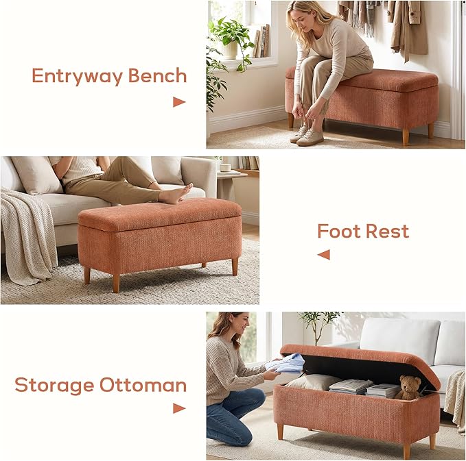 39.4”Ottoman with Storage Set of 2,Upholstered Comfy Storage Bench Ottoman with Wooden Legs,End of Bed Bench Footstool for Hallway Entryway Bedroom Living Room Corner Orange