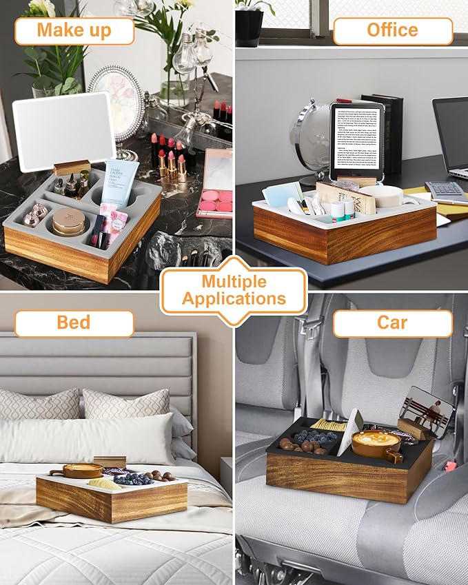 Couch Cup Holder Tray, Hitseon Silicone Acacia Wooden Couch Caddy with Cup Holder for Bed Car Beach, Drink Holder for Couch with Upgrade Removable 360° Rotating Holder Black
