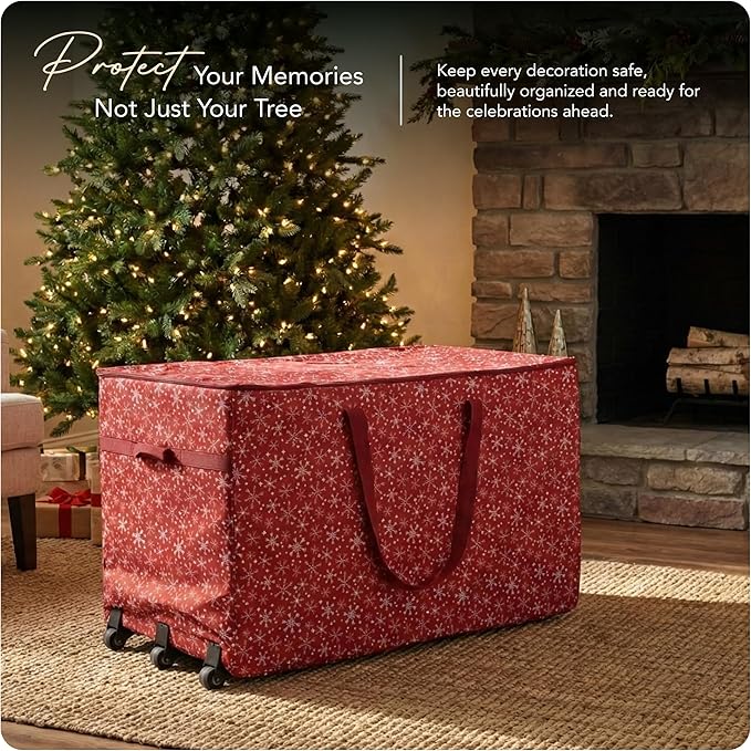 Covermates Keepsakes Christmas Tree Structured Rolling Storage Bag – Heavy-Duty Holiday Storage Container with Wheels, Padded Handles & Sturdy Inserts – Closet & Garage Organization, Red Snowflake