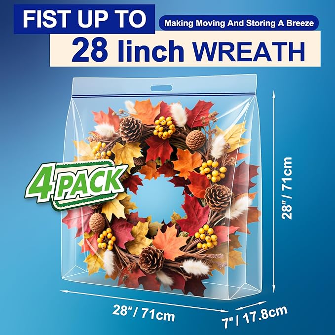 Extra Large Clear Wreath Storage Plastic Bag with Handle For Halloween Summer Christmas Decoration or Clothing Blanket Comforters Bed Sheets Pillows, 4 Pack, 28"x28"x7"