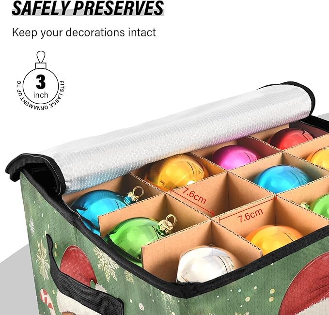 Green Christmas Ornament Storage Basket Box Poinsettia Candy Cane Bells Holiday Storage Container Cube with Adjustable Dividers for 64 Holiday Ornaments or Decorations Keeps Clean and Dry