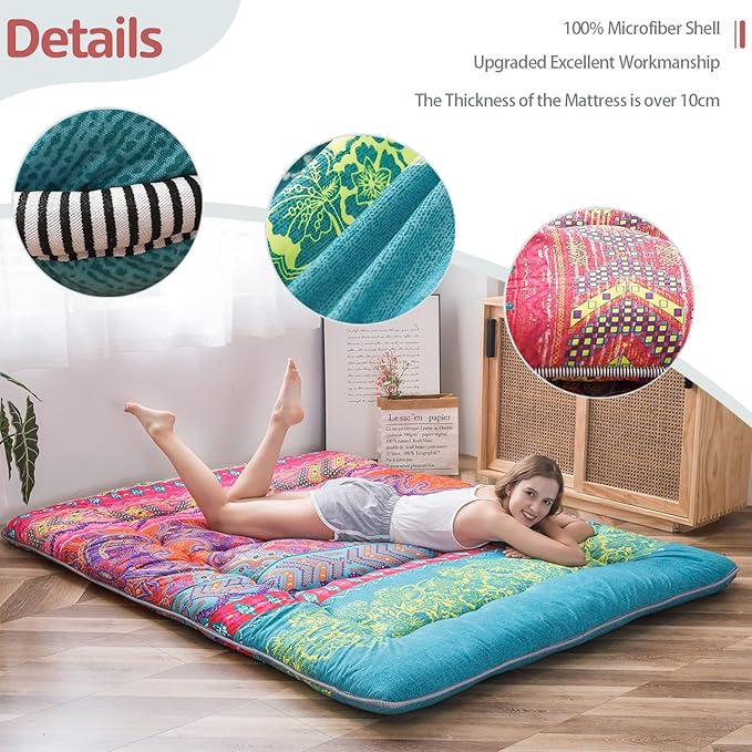 MAXYOYO Bohemian Retro Floor Mattress Boho Floral Style Japanese Futon Tatami Mat Foldable Mattress Portable Camping Sleeping Pad Lounger Couch King Size