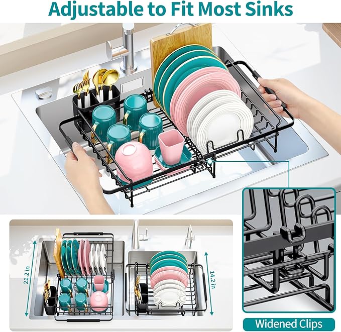 Urackify Expandable in Sink Dish Drying Rack - Adjustable Dish Rack Over Sink, Rustproof Dish Drainer for Kitchen Counter, Dish Strainer with Utensil Holder, Fit Kitchen for 13"-18"