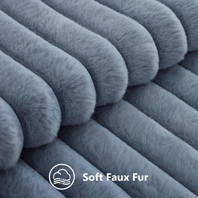 decorUhome Cozy Faux Fur Throw Pillow Covers 18x18 Set of 2 Decorative Soft Plush Striped Modern Farmhouse Boho Couch Pillow Cases with Velvet Back for Sofa Bed Living Room, Grey Blue