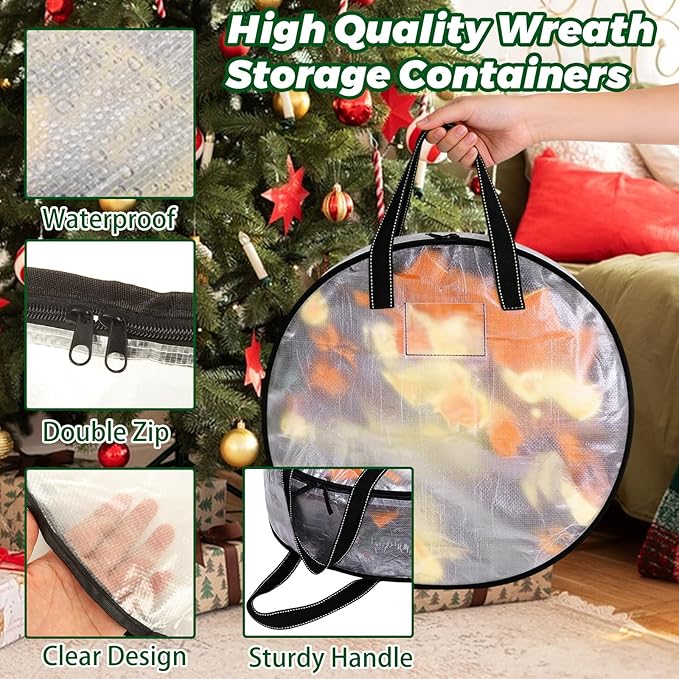 YAYODS 6 Pack Wreath Storage Container 30 Inch Christmas Wreath Storage Bag, Heavy Duty Christmas Wreath Boxes with Clear Window for Xmas Holiday Seasonal Wreath Garland (Black)