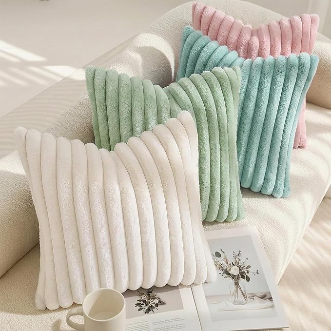 decorUhome Summer Cozy Faux Fur Throw Pillow Covers 26x26 Set of 2 Decorative Soft Plush Striped Modern Farmhouse Boho Couch Euro Sham Pillow Cases with Velvet Back for Sofa Bed Living Room, Pink