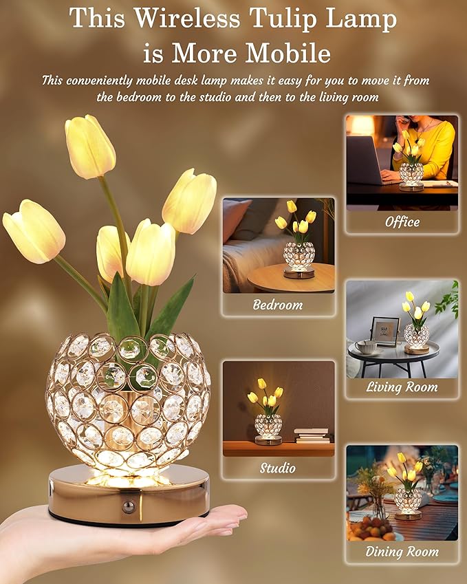 Cordless Tulip Flower Lamp, Adjutable Touch Dimming Crystal Night Light with Artificial Tulip Flower, Rechargeable LED Flower with Vase Lamp Romantic Decor for Bedside Nightstand, Gift for Mother