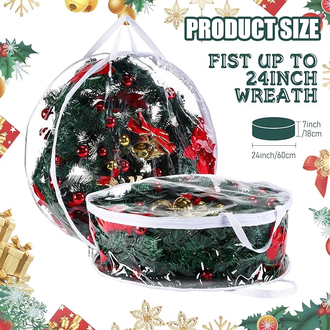 Shappy 14 Pieces Clear Christmas Wreath Storage Container 24 Inches Xmas Wreath Storage Bag Plastic Christmas Garland Container with Dual Zippers and Reinforced Handles for Xmas Seasonal (Clear)