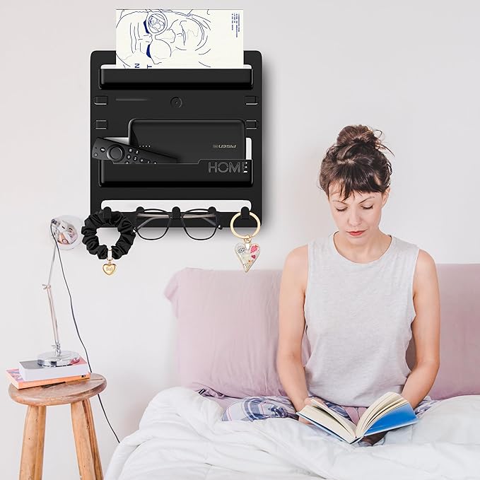 Bedside Wall Mount Organizer,Bedside Wall Shelf Accessories Floating Shelves Stick On for Bedroom Storage Organization,Aesthetic Room Dorm Decor for Girls,Cute Stuff for Teens,5 Hooks-Black