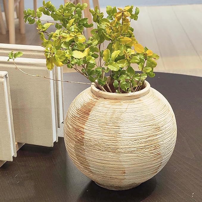 Rustic Ribbed Vase Home Decor - 6 in Ceramic Vintage Farmhouse Vases for Decor, Decorative Terracotta Round Bowl vase for Living Room, Table, Shelf, Kichen Decor