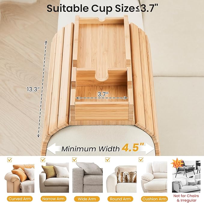 GEHE Couch Cup Holder, Anti Falling Sofa Arm Tray, Natural Bamboo Sofa Cup Holder More Safe for You Family, Portable Couch Arm Tray Armrest Table for Remote, Snacks, Phone, Drinks