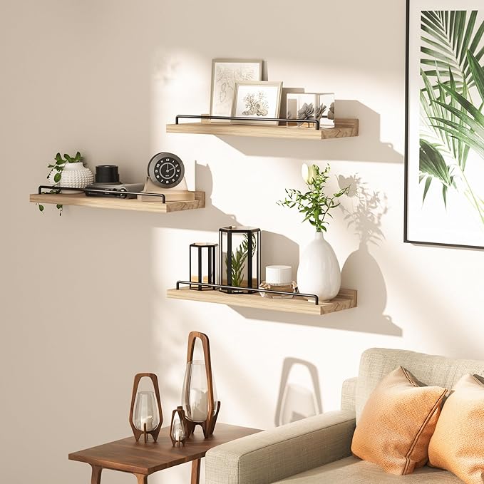 RYOFOBETTO Floating Shelves for Wall Decor, Light Brown Wood Shelves for Bathroom, Living Room, Bedroom, Picture Frames, Plants, Kitchen (Set of 3)