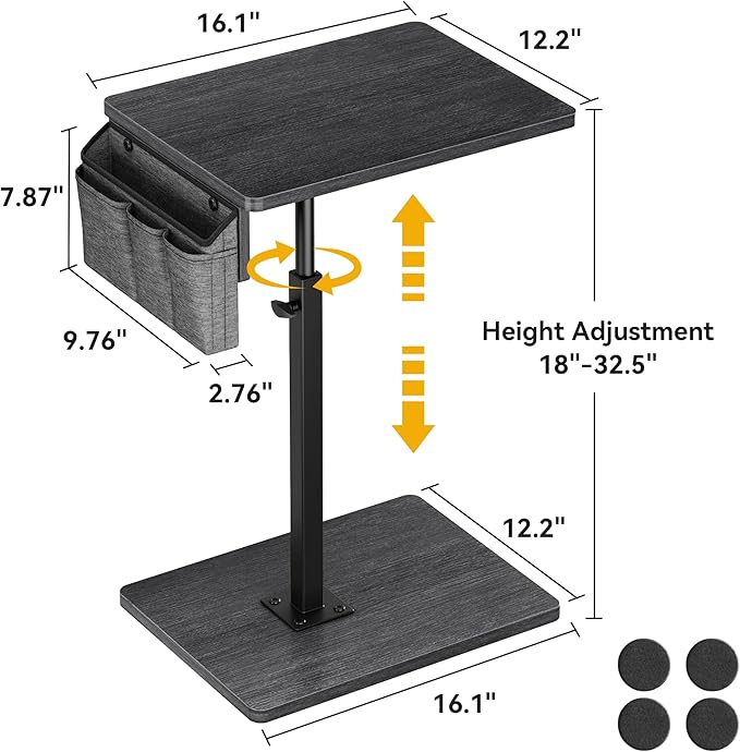 Vagusicc Sofa Armrest Tray Table for Couch, 360° Swivel Height Adjustable TV Tray Table for Small Spaces, Snack Side Table for Couch, Bed, Chair, C Shaped End Side Table for Eating, Reading, Laptop