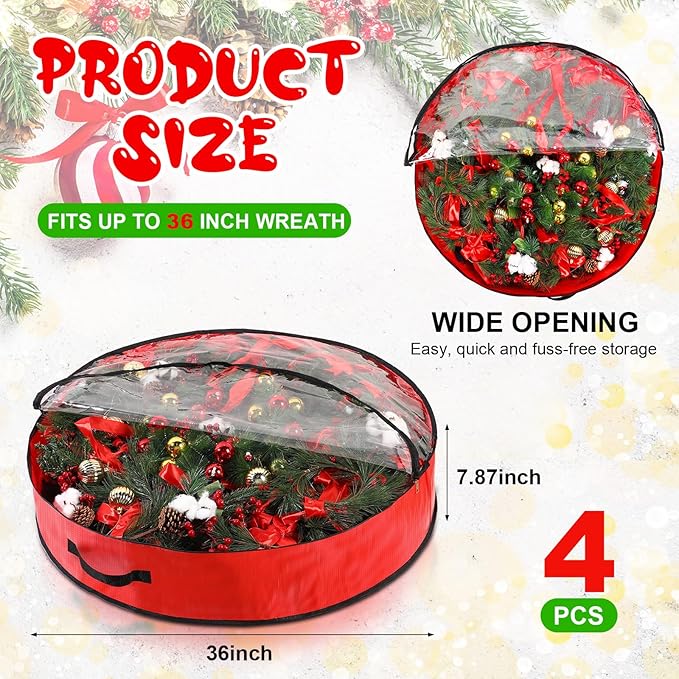 Aliceset 4 Pack Wreath Storage Containers, Ornament Garland Wreath Storage Bags with Handle Zipper Decorative Storages Box for Winter Valentine Wreaths(36 x 36 x 7.8 Inch,Red)