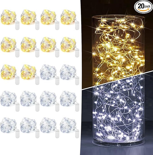20 Pack Fairy Lights Battery Operated 7ft 20 LED Mini String Lights Twinkle Lights Silver Wire Firefly Starry Lights for Mason Jars Wedding Party Christmas Centerpiece Decor, Warm White & Cool Whtie
