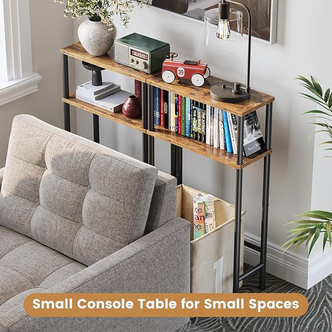 Asgolion Narrow Console Table, 15.7" Small Entryway Table, 2-Tier Sofa Table with Storage, Skinny Console Tables for Entryway, Hallway, Bedroom, Living Room, Foyer, Rustic Brown